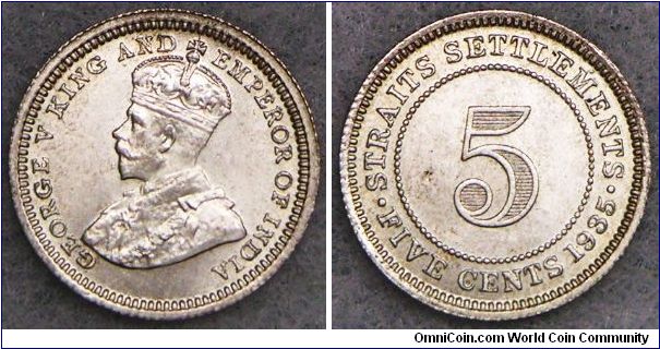 British Straits Settlements George V 5 Cents, 1935. Choice BU.