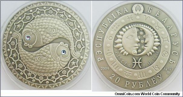 Belarus 2009, Pisces Enchase Blue Cyrstals, 20 Roubles. Silver. PROOF.