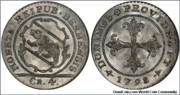 Swiss Cantons - Bern 1 Batzen (4 Kreuzer) 1798. NGC-MS65.