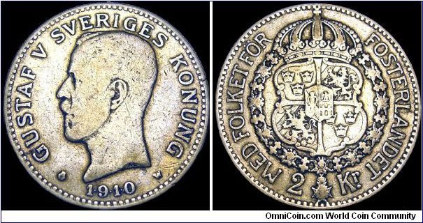 Sweden - 2 Krona - 1910 - Weight 15 gr - Silvercoin Ag 0,800 - Ag 0,3858 Troy Ounce - Size 31 mm - Regent / Gustaf V - Mintage 374 725 - Engraver / Adolf Lindberg - Minted in Stockholm / Sweden - Reference KM# 787 (1910-40)