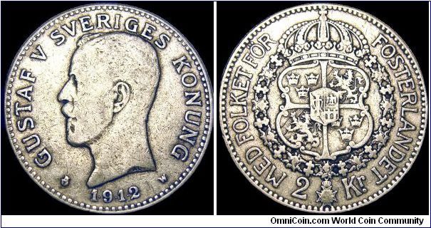 Sweden - 2 Krona - 1912 - Weight 15 gr - Silvercoin Ag 0,800 - Ag 0,3858 Troy Ounce - Size 31 mm - Regent / Gustaf V - Mintage 156 912 - Engraver / Adolf Lindberg - Minted in Stockholm / Sweden - Reference KM# 787 (1910-40)