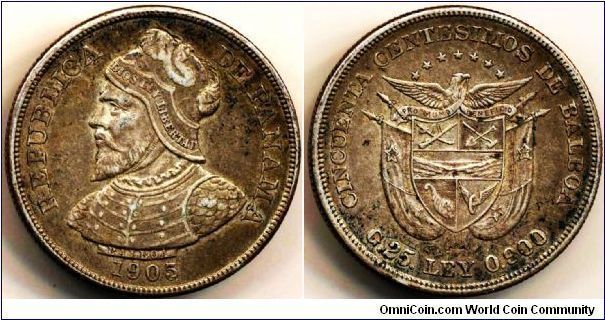 Panama silver 50 Centesimos, 1905, with mintage 1,000,000 units. However, 1,000,000 units of both 1904 (mintage: 1,800,000 units)  and 1905 dates were melted in 1931 for the metal to issue 1 Balboa coin at San Fancisco Mint. Thus, scarce piece and tough to get this condition, i.e. Well struck, very light wear and no significant contacts. Fully original as the natural patina indicates. Extra fine.