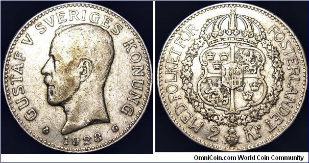 Sweden - 2 Krona - 1928 - Weight 15 gr - Silvercoin Ag 0,800 - Ag 0,3858 Troy Ounce - Size 31 mm - Regent / Gustaf V - Mintage 160 319 - Engraver / Adolf Lindberg - Minted in Stockholm / Sweden - Reference KM# 787 (1910-40)