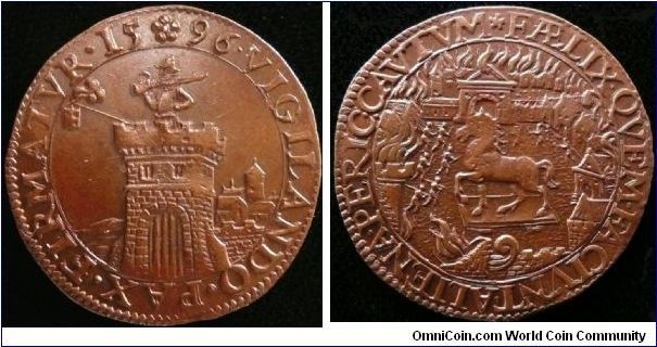 Netherlands, Dordrecht copper jeton 1596, Vigilance Trojan Horse Watchtower, 28.5mm, 6.1g. A jeton of the Dutch Republic with its fascinating imagry with the watchful sentry in tower obverse, and reverse the Trojan Horse in the square of the burning city surrounded by men in battle. Dutch vigilance against Spanish perfidy, the piece comments on the Emperor spurning Dutch offers of mediation and breaking of the peace. EF for type and choice (top grade). Rare in this condition.