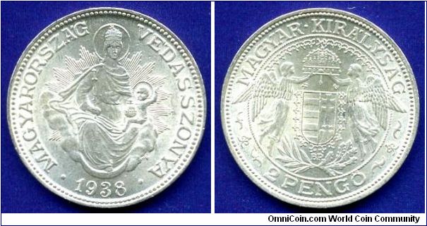 2 Pengo.
Kingdom of Hungary.
'BP'- Budapesht mint.
Mintage 6,417,000 units.


Ag640f. 10,0gr.