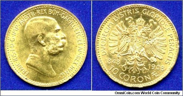 10 Coronae.
Austro-Hungary Empire.
60-year anniversary of the coronation of Emperor Frantz Ioseph I 1848-1908.
Mintage 654,022 units.


Au900f. 3,387gr.