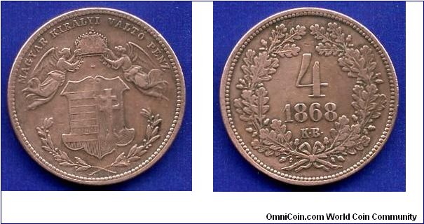 4 kreuzer.
Austro-Hungary Empire.
Emperor Franz Josef I (1848-1916).
'KB'- Kremnitz mint.


Cu.