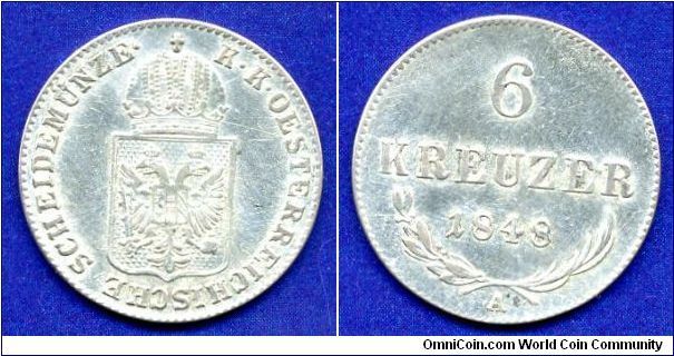 6 kreuzer.
Austrian Empire.
Frantz Ioseph I (1848-1916).
Laurel branches under the date and the nominal value.
Significant differences from the coins of 1849.
'A'- Vienna mint.


Ag438f. 1,91gr.