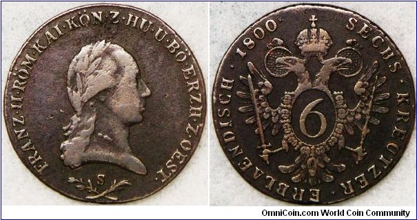 Franz II copper 6 Kreuzer, Schomollnitz mint mark 'S'. Near very fine.