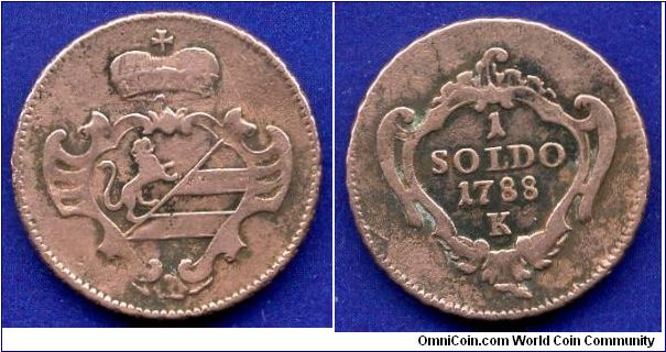 1 soldo.
Austrian Gorizia.
Ioseph II (1765-1790) Emperor of Holy Roman Empire.
'K'- Kremnitz mint.


Cu.