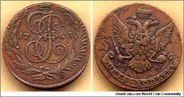 5kop1763 
S.P M
(St.Petersburg Mint)
49.8 grams

-Small mint mark