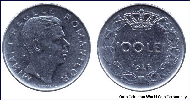 Romania, 100 lei, 1943, Ni-Steel, Mihai I Regele Romanilor (King Michael I).                                                                                                                                                                                                                                                                                                                                                                                                                                        
