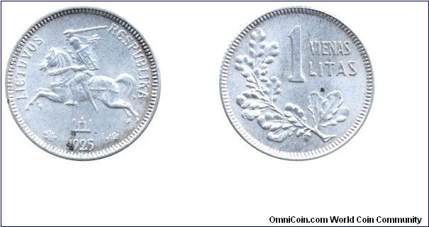 Lithuania, 1 litas, 1925, Ag.                                                                                                                                                                                                                                                                                                                                                                                                                                                                                       