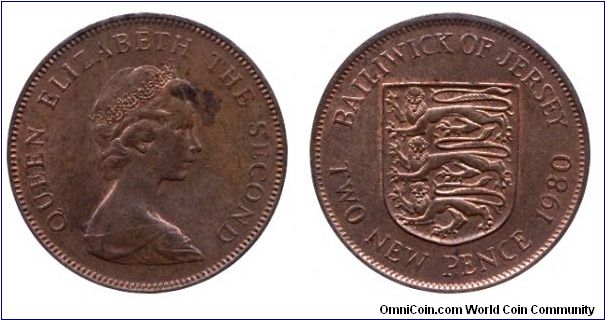 Jersey, two new pence, 1980, Bronze, Queen Elizabeth II.                                                                                                                                                                                                                                                                                                                                                                                                                                                            
