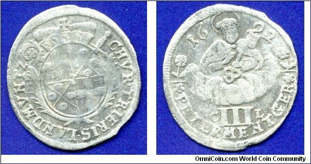 3 petermentger (triple albus).
Bisopric Trier.
Prince-Bishop Johann Hugo von Orsbeck (1676-1711)
'C.L.' - mintmaster Kaspar Longerich.


Ag.