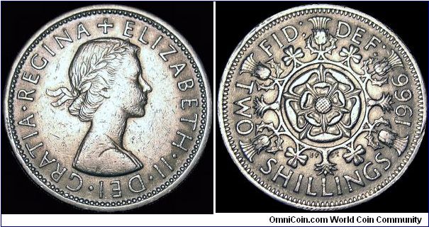 United Kingdom - Florin / Two Shilling - 1966 - Weight 11 gr - Cu / Ni - Size 28,3 mm - Ruler / Elizabeth II - Designer Obverse / Mary Gillick - Designer Reverse / Cecil Thomas and F.G. Fuller - Mintage 83 999 000 - Reference KM# 906