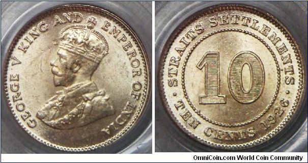 British Straits Settlements George V 10 Cents 1926. PCGS-MS63.