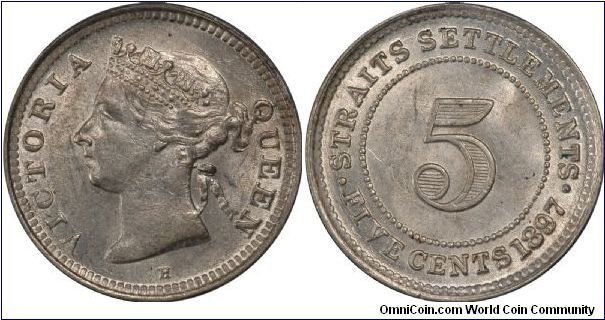 1.3600 gram, 0.3000 Silver .0349 oz. Obv: Bust of Queen Victoria left Mintage: 440,000. Tough to get this nice for this 5 cents of Queen Victoria, graded by PCGS AU58.