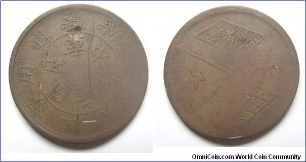1912 years 10 cash copper coin variety A,Xin Jiang province,Rep of China,it has 34mm diameter,weight is 16.9g.