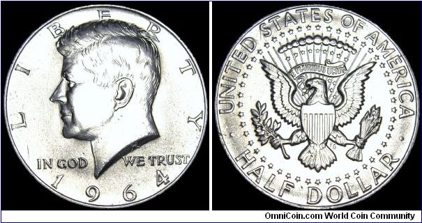 USA - Kennedy Half Dollar - 1964 - Weight 12,5 gr - Silvercoin Ag 0,900 - Ag 0,3618 Troy Ounce - Size 30,6 mm - President / Lyndon B. Johnson - Mintage 277 254 766 - Obverse Designer / Gilroy Roberts - Reverse Designer / Frank Gasparro - Reference KM# 202