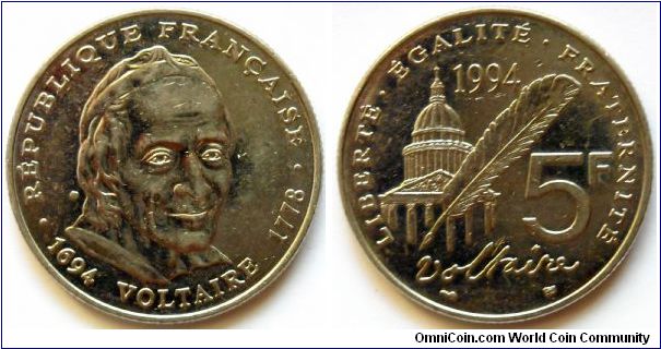 5 francs.
1994, Voltaire 
(1694-1778)