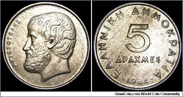 Greece - 5 Drachmes - 1984 - Weight 5,5 gr - Copper / Nickel - Size 22,5 mm - President / Konstantinos Karamanlis (1980-85) - Mintage 29 778 000 - Edge : Plain - Reference KM# 131 (1982-2000)