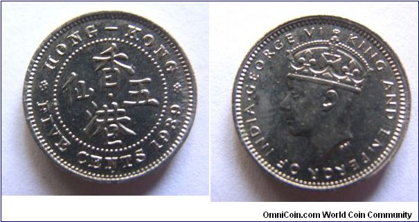 about UNC grade 1939 years 5 Cents H variety,Hong Kong,it has 16.5mm diameter,weight 2.6g.