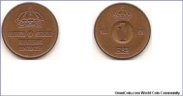 1 Ore
KM#820
2.0000 g., Bronze, 16 mm. Ruler: Gustaf VI Obv: Crown above inscription Rev: Value within circle divides date below crown Edge: Plain Note: Varieties exist.