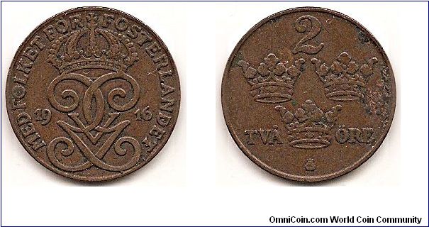 2 Ore
KM#778
4.0000 g., Bronze, 21 mm. Ruler: Gustaf V Obv: Crowned monogram divides date Rev: Value and crowns