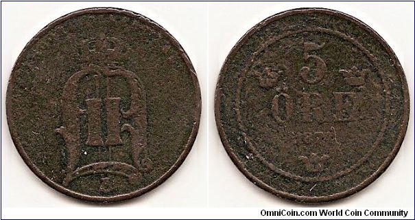 5 Ore
KM#736
Bronze, 27 mm. Ruler: Oscar II Obv: Small lettering Rev: Value, date and crowns within beaded circle