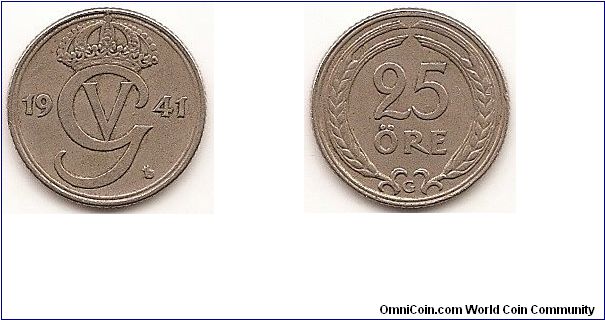 25 Ore
KM#798
2.4000 g., Nickel-Bronze, 17 mm. Ruler: Gustaf V Obv: Crowned monogram divides date Rev: Value within oat sprigs