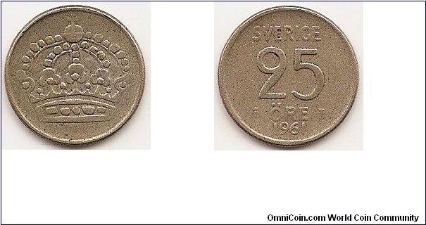 25 Ore
KM#824
2.3200 g., 0.4000 Silver 0.0298 oz. ASW, 17 mm. Ruler: Gustaf VI Obv: Value and date Rev: Crown