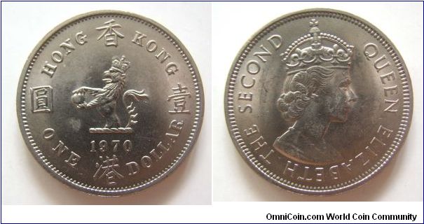 UNC grade 1970 years 1 dollars,Hong Kong,it has 30mm diameter,weight 11.7g.