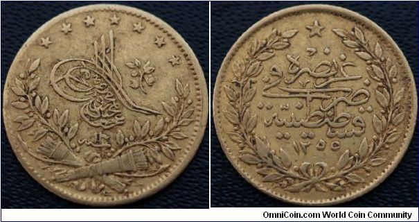 Abdul Mejid (1255-1277h), 
Ottoman
50-Kurush, Qustantiniya 1255h, year 13, 3.59g Gold
(Pere 879), very fine
