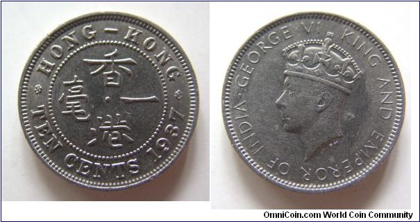 about UNC grade 1937 years 10 cents,Hong Kong,it has 20mm diameter,weight 4.6g.