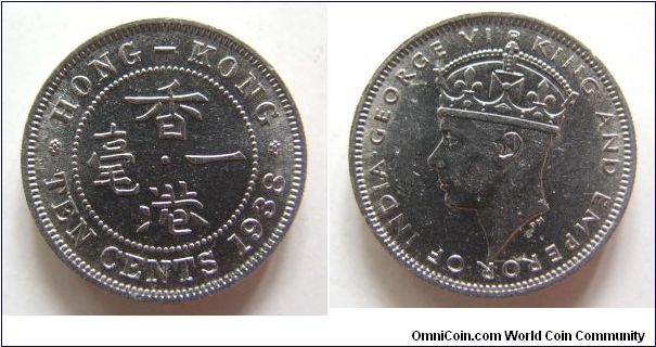about UNC grade 1938 years 10 cents,Hong Kong,it has 20mm diameter,weight 4.6g.
