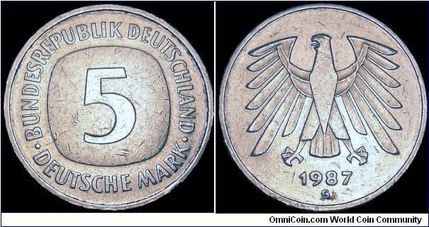 Germany - 5 Mark - 1987 - Weight 10 gr - Cu / Ni - Size 29 mm - Bundeskanzler / Helmut Kohl - Design / Wolfgang Doehm . Stuttgart -  Mintage 4 500 000 - Edge : Einigkeit und Recht und Freiheit - Reference KM# 140.1 (1975-2000)