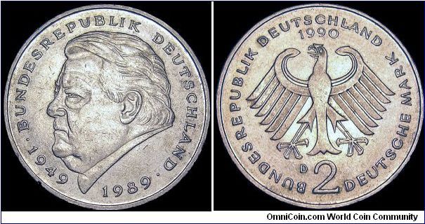Germany - 2 Mark - 1990 - Weight 7,0 gr - Copper / Nickel - Size 26,75 mm - Bundeskanzler / Helmut Kohl (1982-98) - Designer Obverse / Erich Ott, Munich - Designer Reverse / Reinhart Heinsdorff, Lehen / Württ - Mintage 18 370 000 - Edge lettering : Einigkeit und Recht und Freiheit - Subject / Franz Joseph Strauss - Reference KM# 175 (1990-2000)