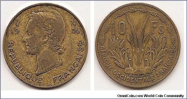 10 Francs -FRENCH WEST AFRICA-
KM#6
Aluminum-Bronze, 23.5 mm. Obv: Head left, divides date above Rev: Rhim gazelle facing divides denomination