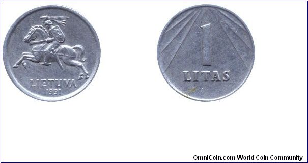 Lithuania, 1 litas, 1991, Cu-Ni.                                                                                                                                                                                                                                                                                                                                                                                                                                                                                    