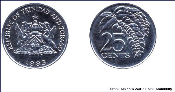 Trinidad & Tobago, 25 cents, 1983, Cu-Ni, Chaconia Plant.                                                                                                                                                                                                                                                                                                                                                                                                                                                           