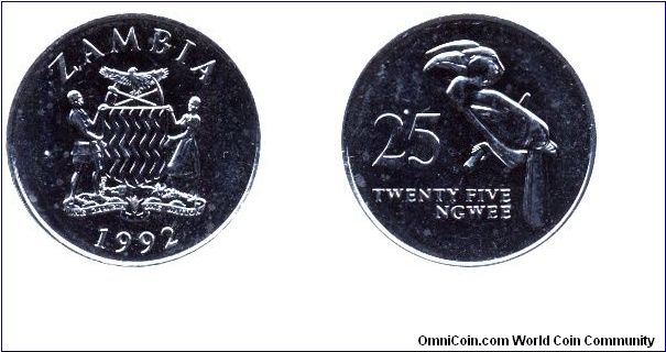 Zambia, 25 ngwee, 1992, Ni-Steel, Crowned hornbill.                                                                                                                                                                                                                                                                                                                                                                                                                                                                 