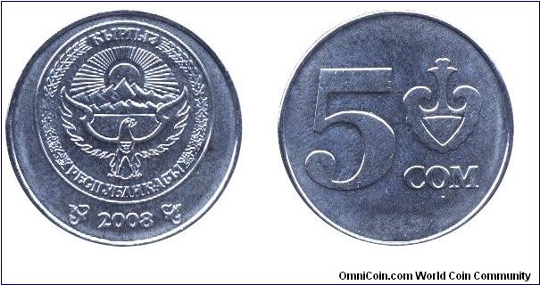 Kyrgyzstan, 5 som, 2008.                                                                                                                                                                                                                                                                                                                                                                                                                                                                                            