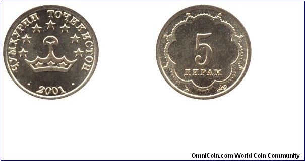 Tajikistan, 5 diram, 2001, Brass-Steel, 16.5mm, 2g.                                                                                                                                                                                                                                                                                                                                                                                                                                                                 