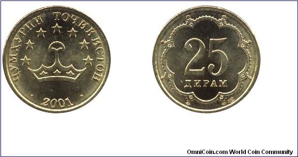 Tajikistan, 25 diram, 2001, Brass, 19mm, 2.76g.                                                                                                                                                                                                                                                                                                                                                                                                                                                                     