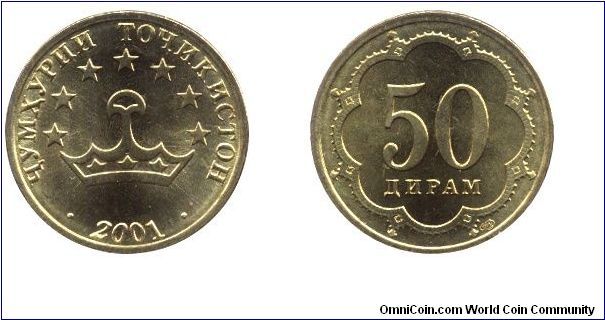 Tajikistan, 50 diram, 2001, Brass, 21mm, 3.6g.                                                                                                                                                                                                                                                                                                                                                                                                                                                                      