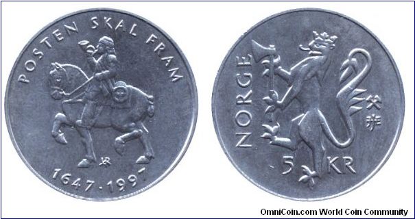 Norway, 5 kroner, 1997, Cu-Ni, 1647-1997, Posten Skal Fram.                                                                                                                                                                                                                                                                                                                                                                                                                                                         