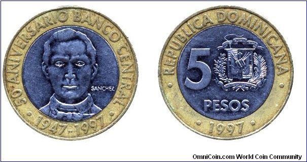 Dominican Republic, 5 pesos, 1997, bi-metallic, Sanchez, 50th Anniversary of the Central Bank, 1947-1997.                                                                                                                                                                                                                                                                                                                                                                                                           