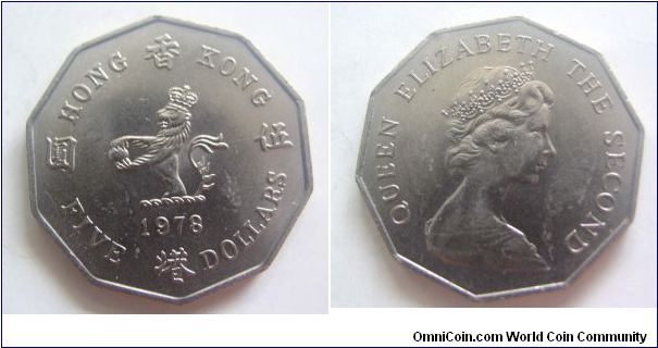 UNC grade 1978 years 5 dollars,Hong Kong,it has 30.5mm diameter,weight 10.7g.