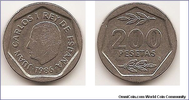 200 Pesetas
KM#829
Copper-Nickel, 21.7 mm. Ruler: Juan Carlos I Obv: Head left Rev: Value divides sprigs